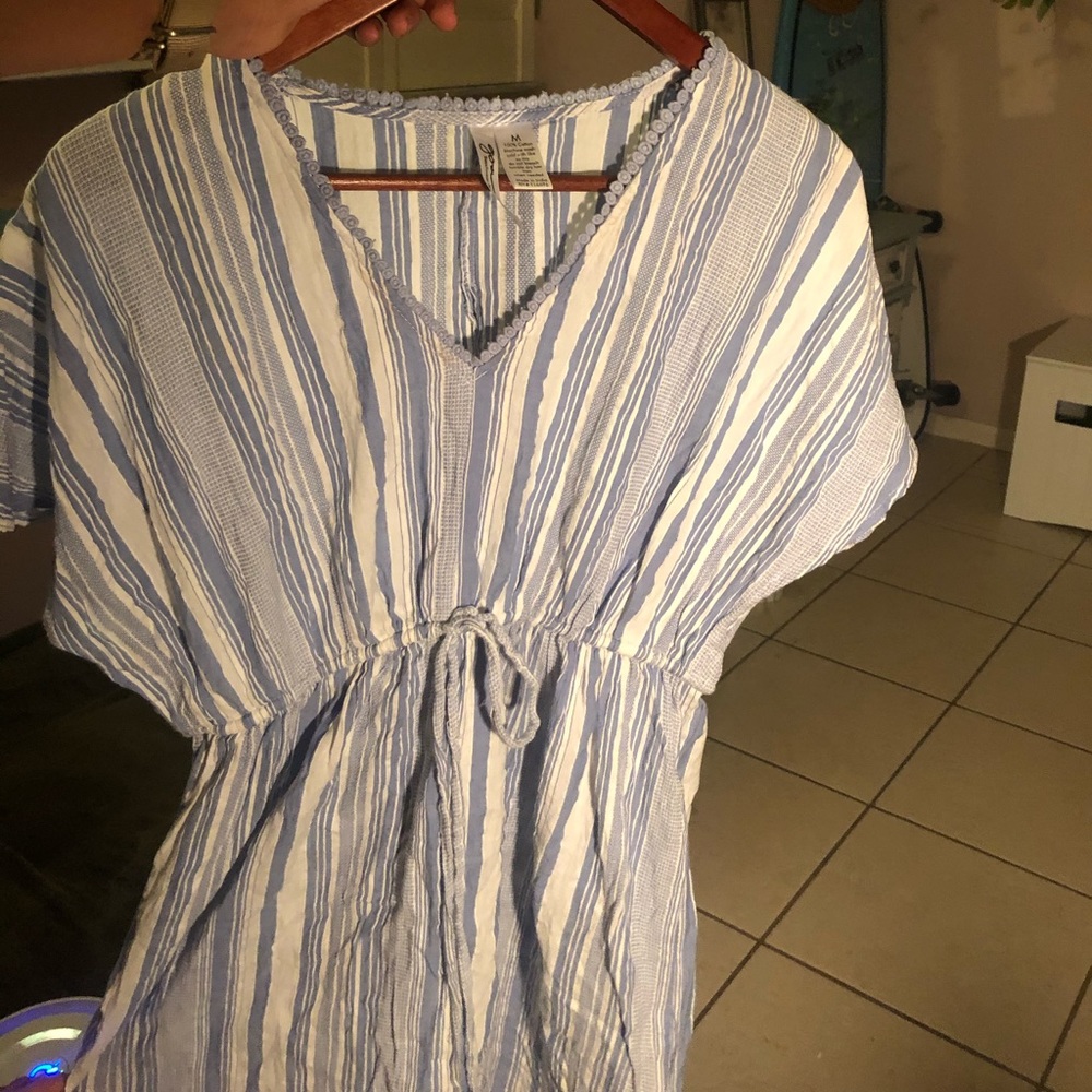 blue and white stripped dress
